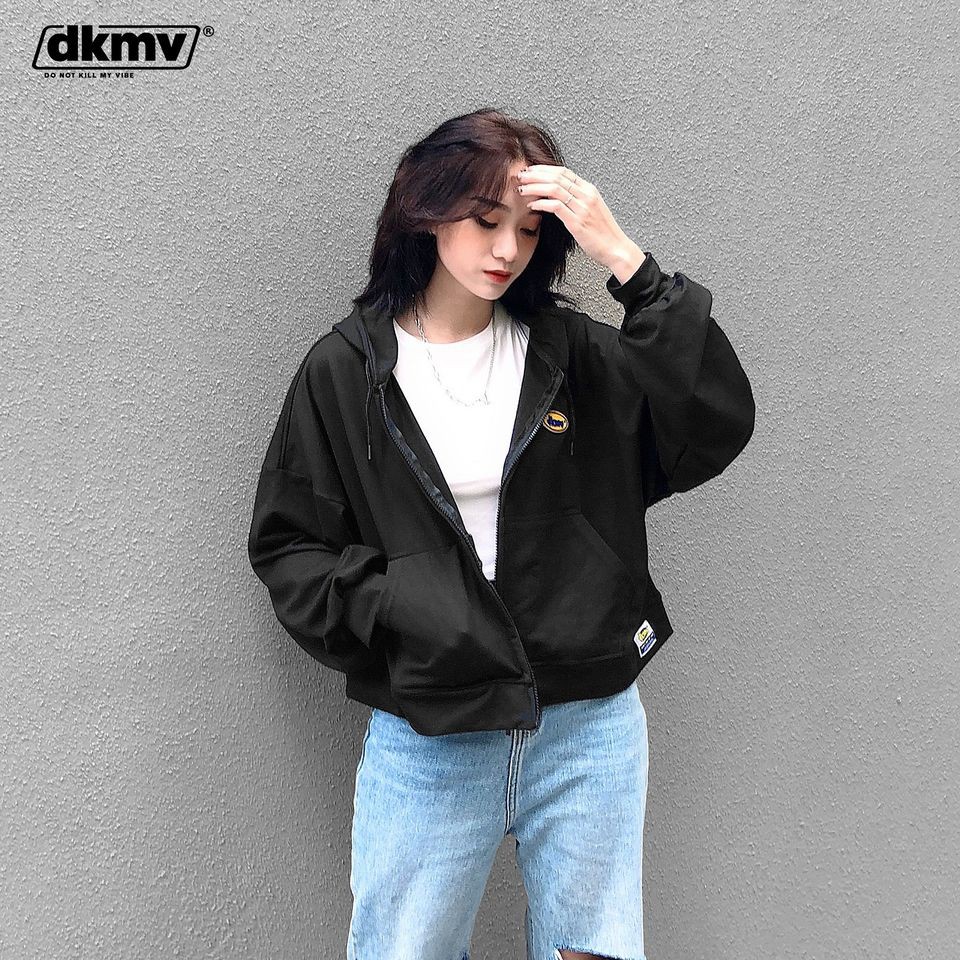 Áo hoodie zip nữ Don't Kill My Vibe vải da cá màu đen, có khóa kéo - Logo Hoodie Zip