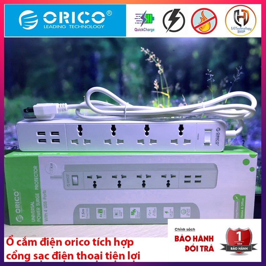 Ổ cắm điện Orico chống sốc, 3200w, Kèm 4 cổng sạc USB 2,4A - OSC-4A4