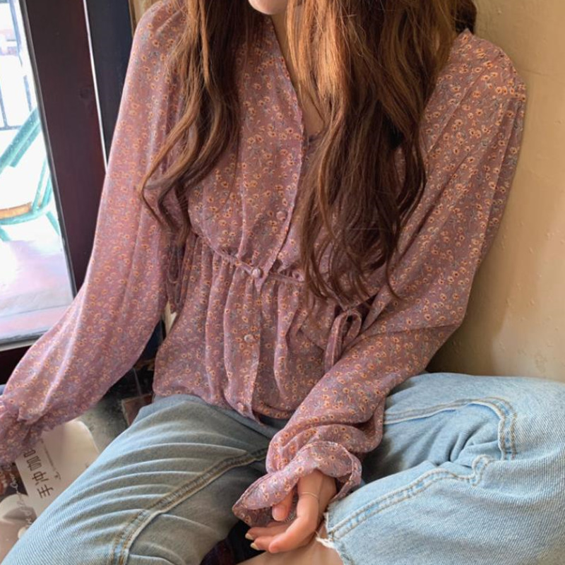 Áo Sơ Mi Chất Chiffon Tay Dài Cổ Chữ V Hoạ Tiết Hoa Phong Cách Retro