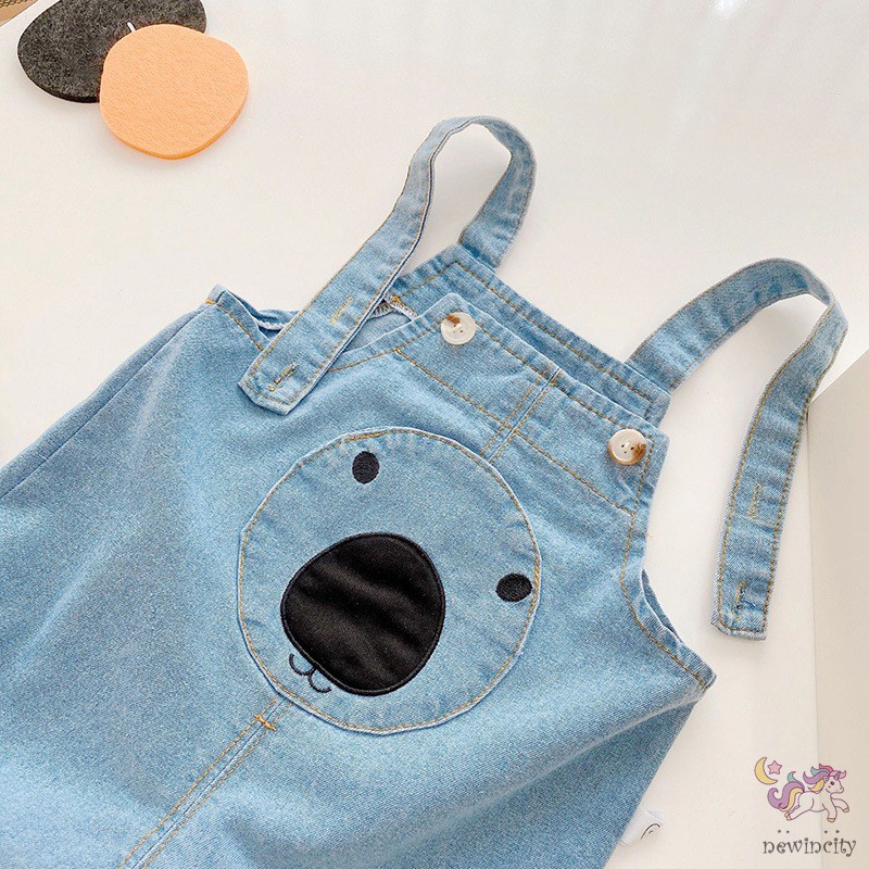Quần yếm denim thêu họa tiết gấu ngộ nghĩnh đáng yêu phong cách Hàn Quốc thời trang cho bé