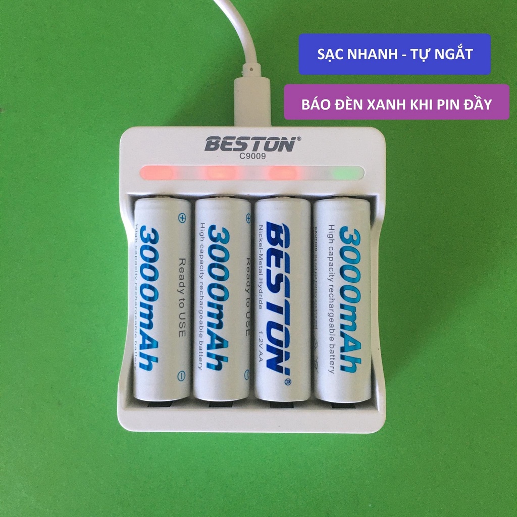 Bộ Sạc Pin AA, AAA C9009 Beston Tự ngắt khi đầy Sạc Tốc Độ Cao Có Led báo trạng thái sạc Kèm pin sạc