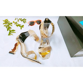 Giày nữ cao gót mạ vàng, thiết kế đồng hồ sang chảnh, đế chữ I cao 10 phân