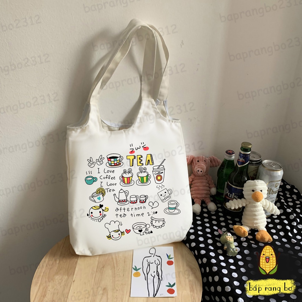 TÚI TOTE TRÒN MILK WATER STORY NƯỚC VÀ SỮA VẢI DỆT CANVAS CÓ TÚI CON