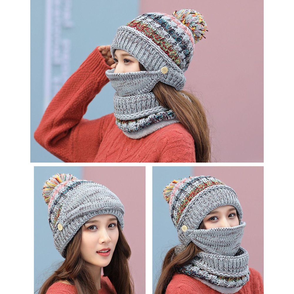 NIUYOU Set Mũ beanie + Khăn Choàng Cổ Phối Bóng Lông Mềm Mại Ấm Áp Cho Nữ