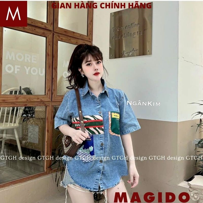 Áo sơ mi jeans bò cộc tay cổ đức in hình AB01 kiểu dáng hàn quốc ulzzang dáng suông form rộng cực kute -MAGIDO