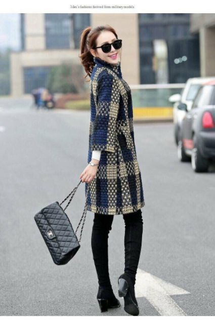 Hàng nhập - Áo khoác nữ dạ caro cổ lọ