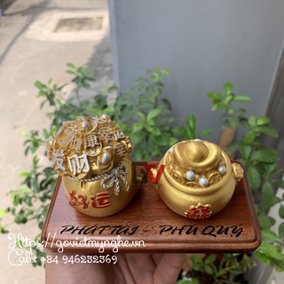 [Túi tiền Chiêu cầu tài lộc] Combo 2 tượng túi tiền phong thủy chiêu cầu tài lộc - Đế gỗ tự nhiên - Cao 7cm