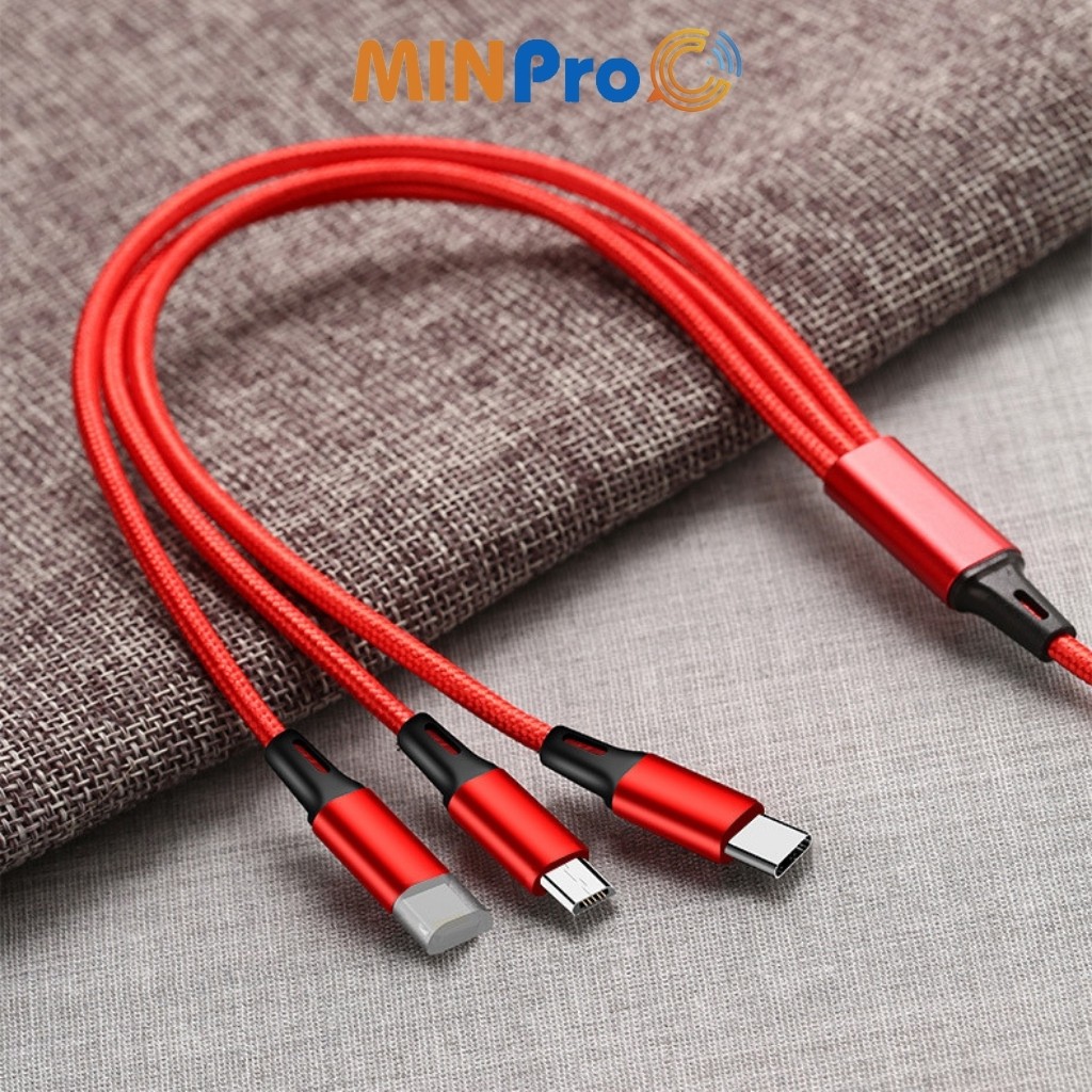 Cáp sạc nhanh 3 đầu MINPRO dây dù 1m2 hỗ trợ sạc nhanh không gây nóng máy