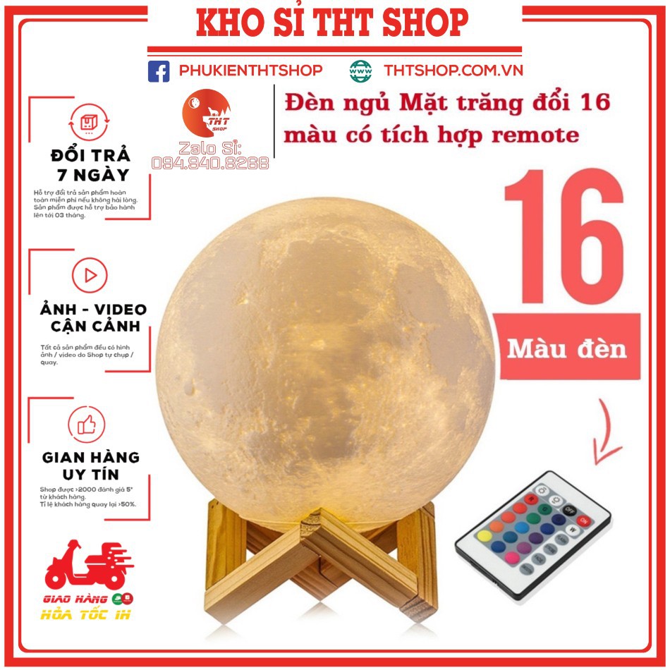 Đèn Ngủ Mặt Trăng size 12cm 15 cm 18cm điều khiển từ xa  tặng kèm đế gỗ.