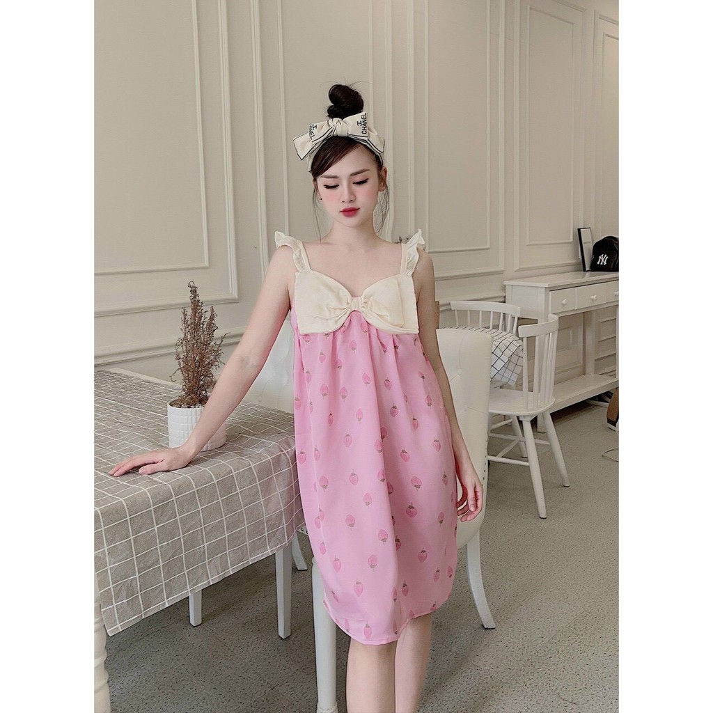 Đầm Ngủ Lụa Satin phối nơ hoạ tiết dễ thương cute | BigBuy360 - bigbuy360.vn
