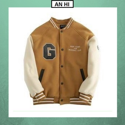 Áo Bomber 💙𝗙𝗥𝗘𝗘𝗦𝗛𝗜𝗣💙 Áo khoác bomber NÂU CHỮ G nam nữ freesize unisex kute hàn quốc dễ thương varsity cao cấp giá rẻ.