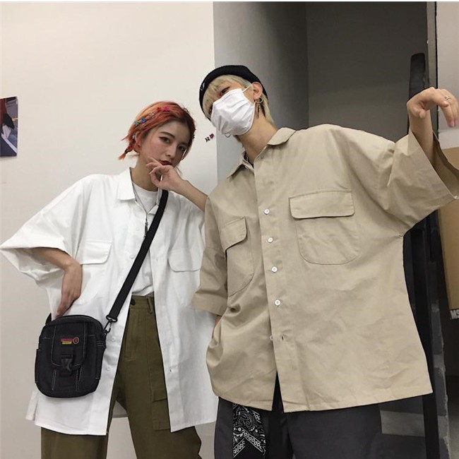 Áo Sơ Mi Dáng Rộng Phối Túi Lớn Màu Trơn Thời Trang Harajuku Cá Tính Cho Nam Và Nữ
