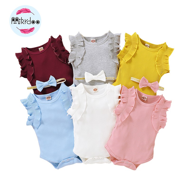 Bodysuit Bộ Áo Liền Quần Tay Ngắn Chất Cotton + Băng Đô Cài Tóc Mikrdoo Cho Bé