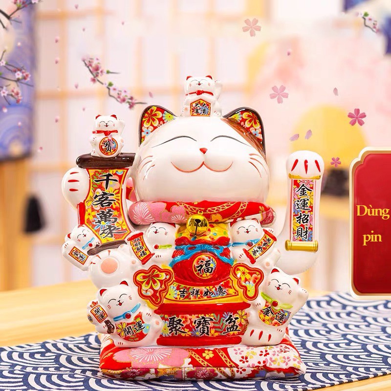 Mèo may mắn Nhật Bản Mèo Thần Tài , mèo may mắn bằng sứ cao cấp kèm đệm đỏ và dây cắm - Phật Giáo Tường Thuận