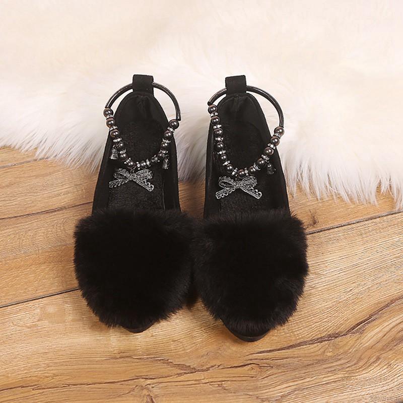 Giày Bệt Mũi Tròn Trang Trí Lông Mềm Thanh Lịch