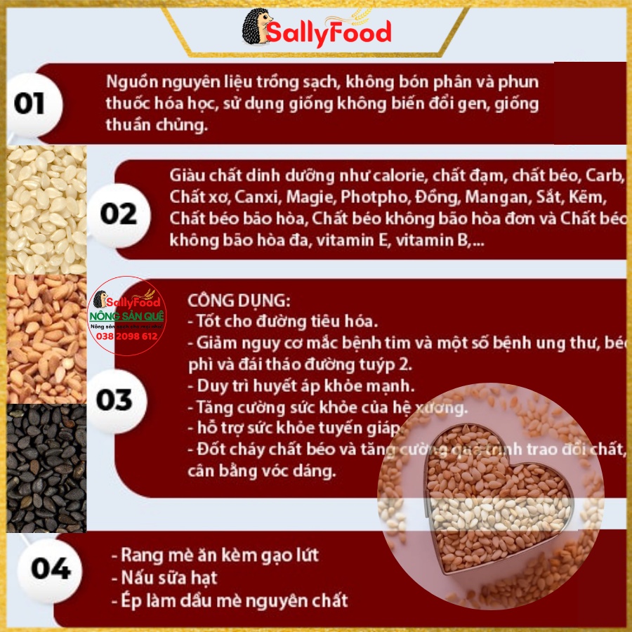 Mè Vàng Nguyên Vỏ Mè Đen Mè Trắng Hữu Cơ SallyFood 250g 500g 1kg Hạt Vừng Đen Trắng Vàng Organic Sạch Sống Chưa Rang