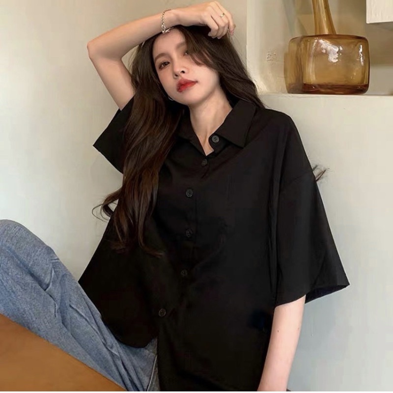 Sơ mi nữ bigsize màu đen tay ngắn