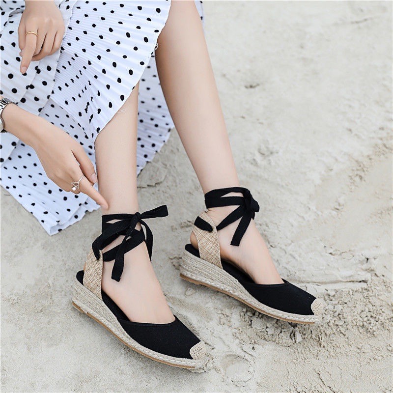 Giày đế cói đi biển cao gót buộc dây cao từ 5/8cm