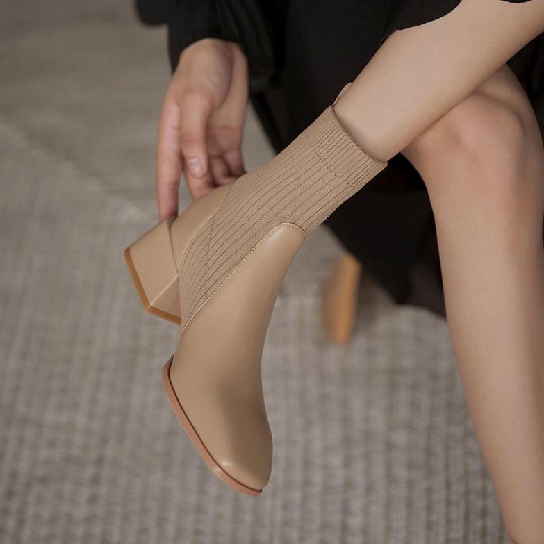 Bốt nữ cao cổ gót vuông 5 cm chunki giày ống da cổ điển Hana