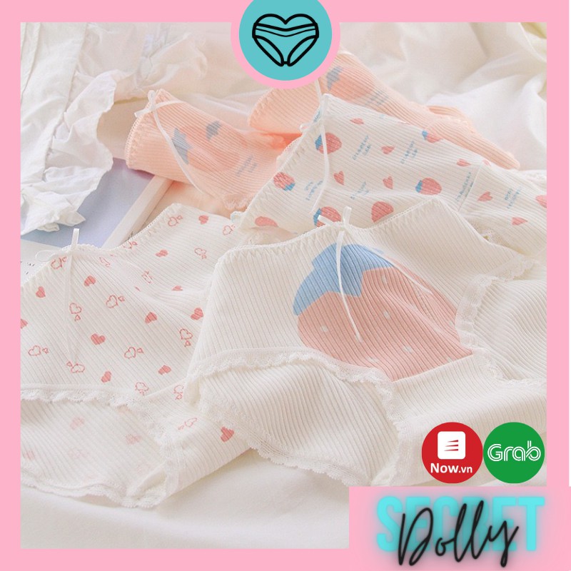 Quần lót nữ len tăm sợi tre chất liệu cotton cao cấp nâng mông hình trái dâu dễ thương đáng yêu DOLLY SECRET QL009