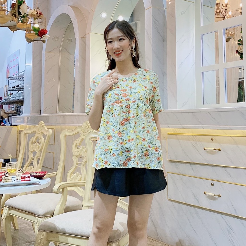 Áo Kiểu Nữ Babydoll Hoa Nhí  LAMVYVU  FREESHIP  Áo babydoll nữ hoa nhí Vintage Ulzzang chất đũi - voan 2 lớp