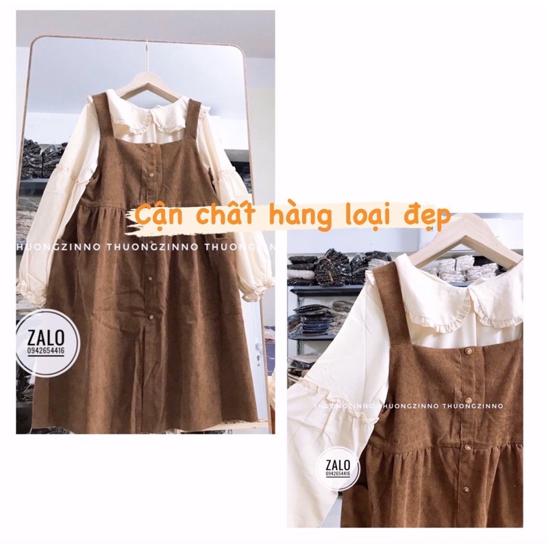 [Ảnh thật/Video] Set yếm nhung vintage dáng babydoll kèm áo cổ sen tiểu thư Set yếm vintage phong cách Hàn Quốc