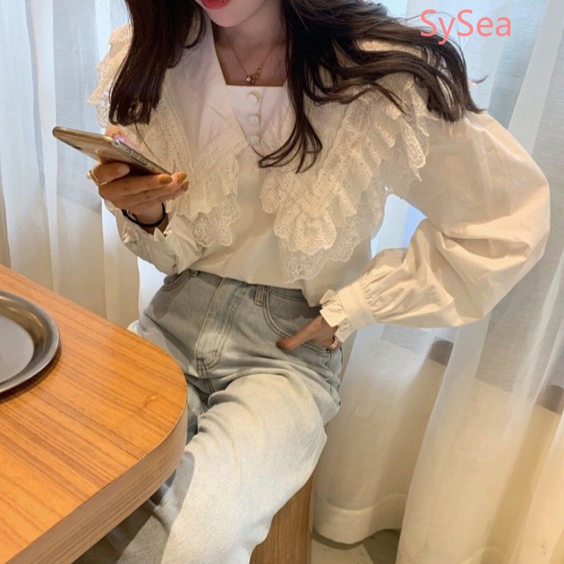 Áo Sơ Mi Dài Tay Phối Ren Thời Trang Mùa Thu Hàn Quốc Dành Cho Nữ Sinh