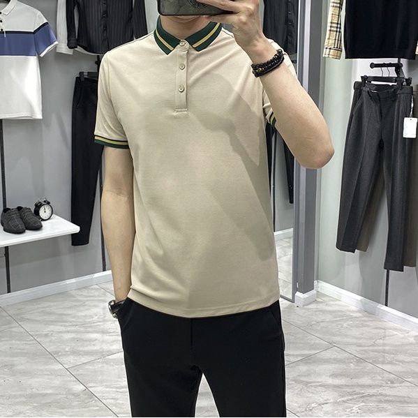 Áo Polo Nam FEEL GOOD cổ bẻ tay ngắn basic màu Be VIỀN CỔ KẺ SỌC đẹp vải cá sấu cotton cao cấp xuất xịn chuẩn form