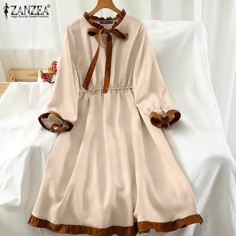 Đầm xòe ZANZEA tay phồng dài cổ tròn thời trang dành cho bạn nữ