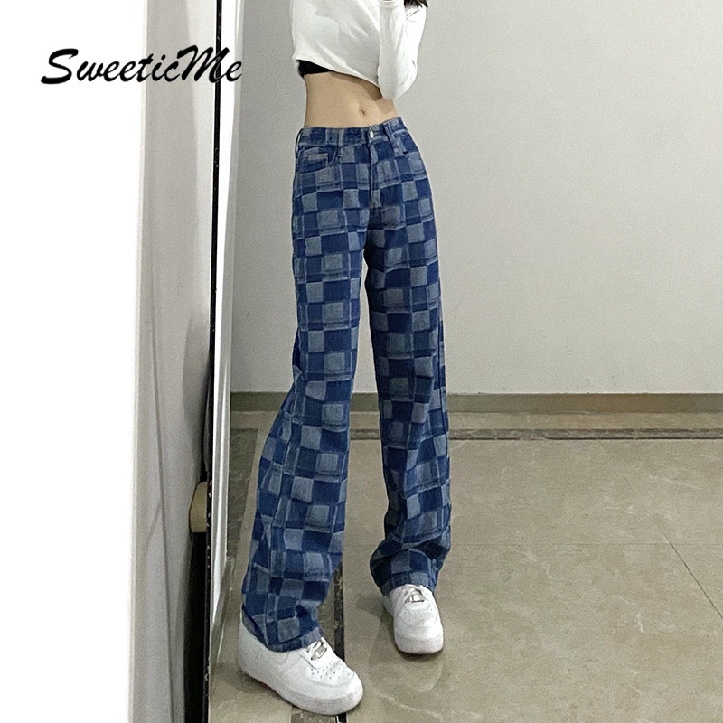 Quần jeans Nữ Dáng Rộng In Hình Quân Cờ Vua