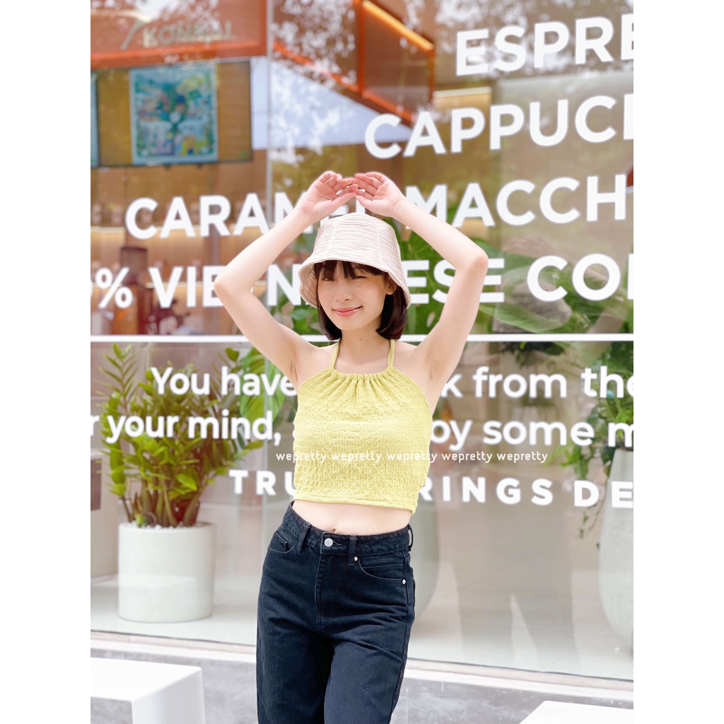 Áo yếm buộc dây freesize trendy chất vải thun xốp màu xanh bơ phù hợp với các outfit mùa hè AH09 Wepretty Clothes
