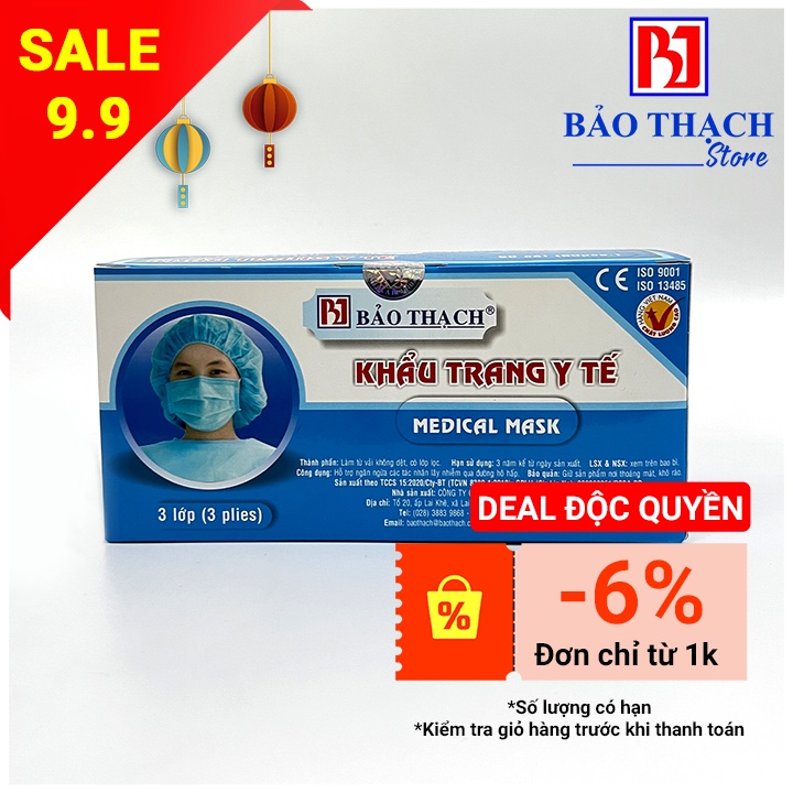 Khẩu trang Bảo Thạch 3 lớp xanh (hộp 50 cái)