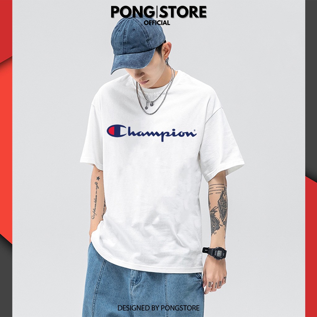 Áo thun unisex form rộng Logo Brand Champio, áo thun cổ tròn tay lỡ unisex chất thun mềm mịn thấm hút mồ hôi