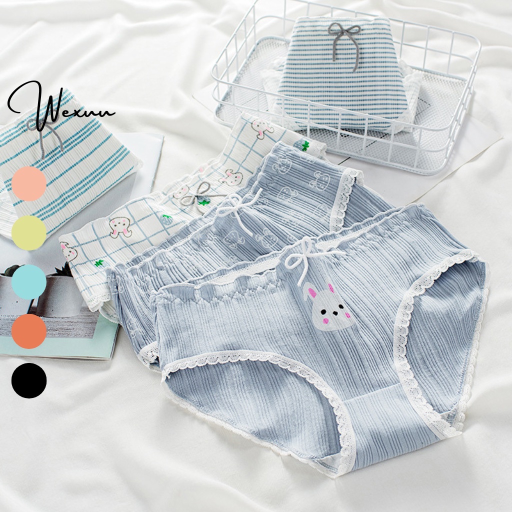 Quần lót cotton nữ Wexuu Design, Quần lót nữ viền ren họa tiết thỏ xanh phối nơ dễ thương chất liệu co dãn cao cấp -QC32