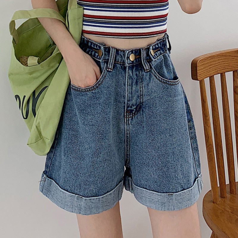 Quần Short Denim Lưng Cao Ống Rộng Phối Nút Điều Chỉnh Được Phong Cách Hàn Quốc Cho Nữ 2021