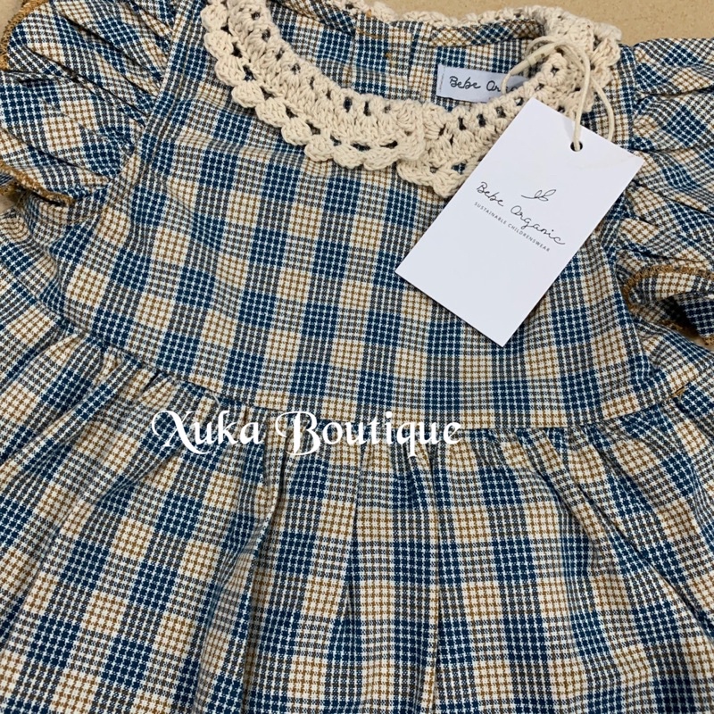 Bộ Quần Áo Trẻ Em Cao Cấp Bebe Organic |Set Áo kèm Quần Cổ Tròn Tay Cánh Tiên Kẻ Caro Bé Gái (Ảnh thật)