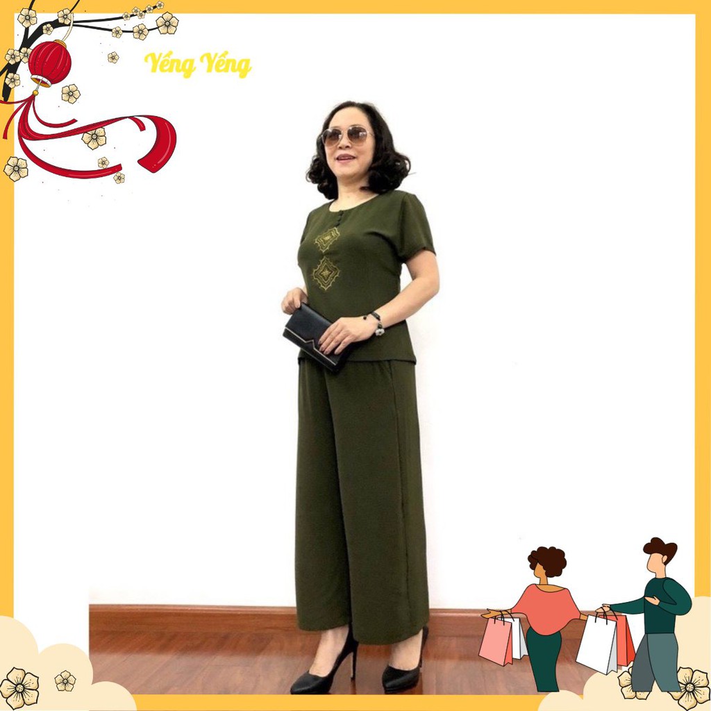 SNU37 - BỘ ĐŨI QUẦN DÀI ÁO CỘC THÊU THOI CÚC BỌC CHO MẸ