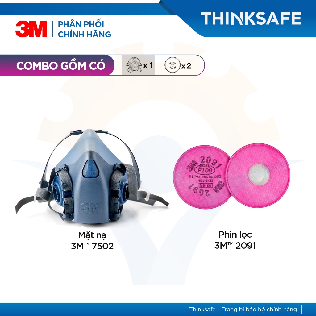 Mặt nạ phòng độc 3M 7502 kết hợp phin lọc 3M 2091 | Chống độc, khói hàn, bụi mụn - Thinksafe