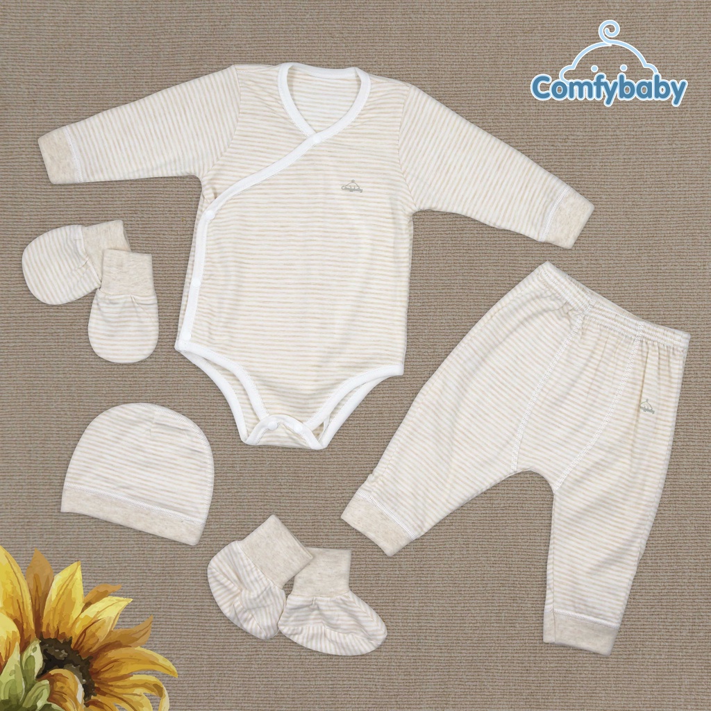 Set Bodysuit sơ sinh thu-đông 5 món ComfyBaby (quần áo dài, bao tay chân, mũ) kẻ sọc màu xanh - 100% Cotton- chính hãng