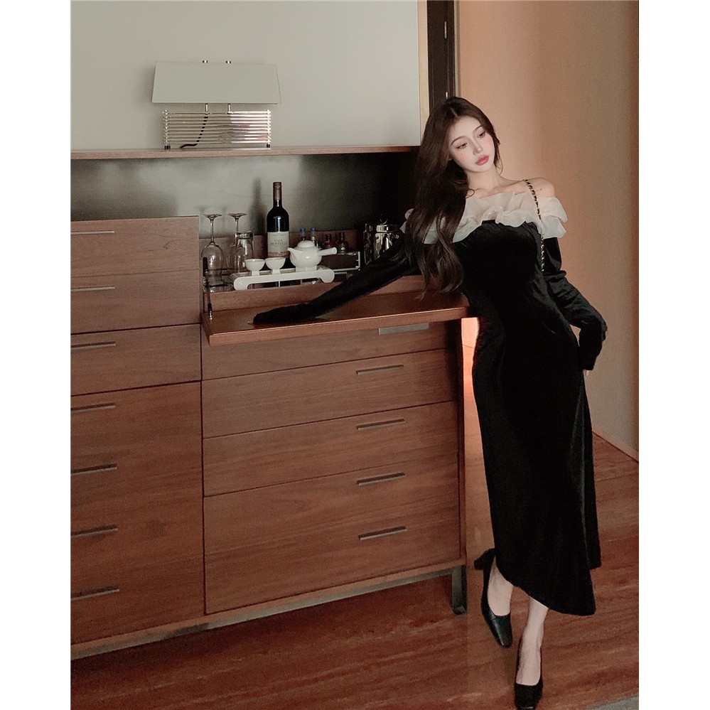 Váy dự tiệc vải nhung trễ vai phong cách sang chảnh tiểu thư hàng Quảng Châu đầu xu hướng thu đông 2021