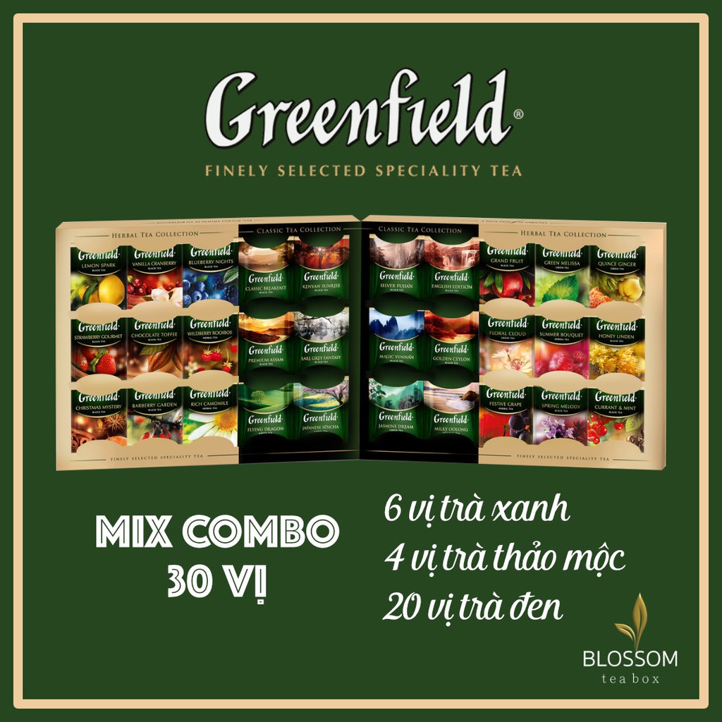 COMBO MIX 20/30 GÓI TRÀ ĐEN, TRÀ XANH, THẢO MỘC GREENFIELD