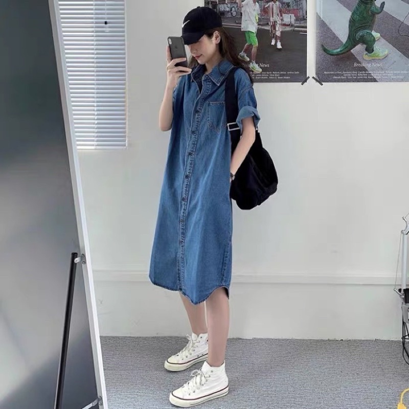 Đầm Denim Bò Ulzzang Style  Váy Jeans Form Rộng Phong Cách Hàn Quốc