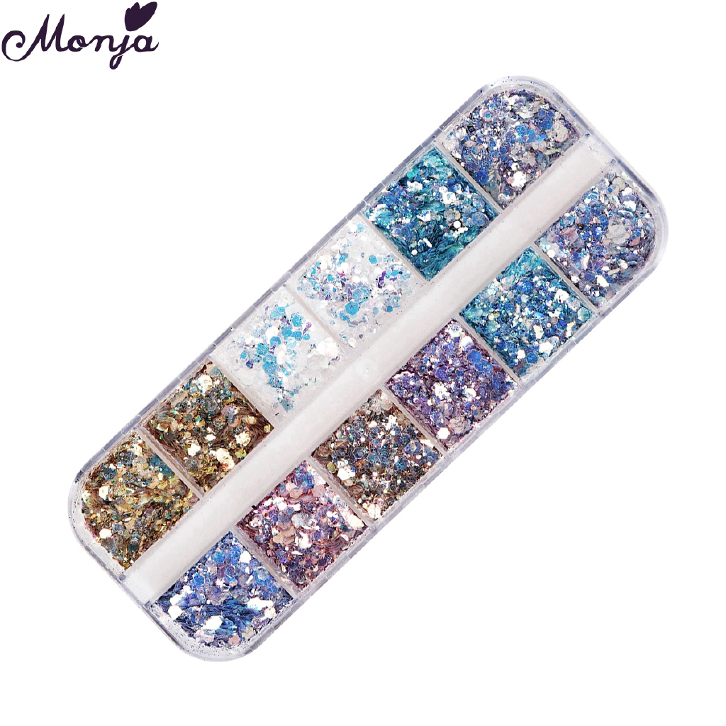 MONJA Hộp sequin hình lục giác 12 ngăn dùng để trang trí móng nghệ thuật