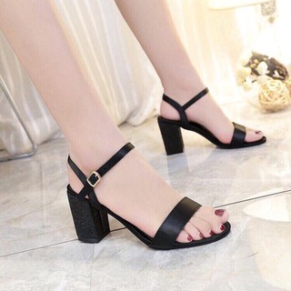 Giày cao gót vuông 7p gót bọc kim tuyến đen - sd28