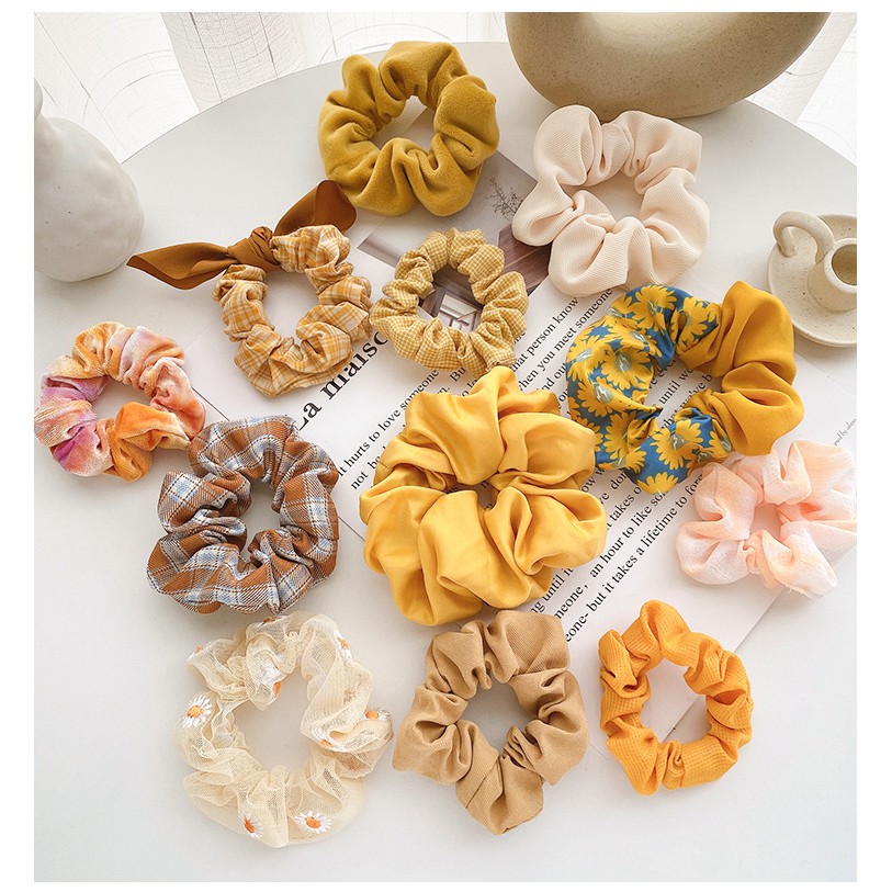 Giao ngẫu nhiên_Dây buộc tóc Scrunchies thời trang màu vàng chủ đạo