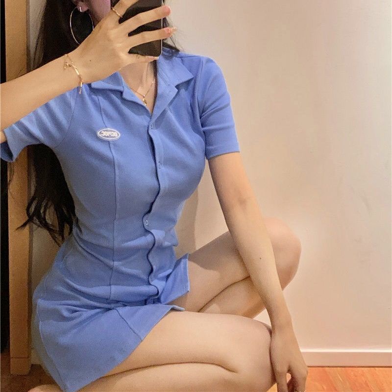 COZOK Đầm Cổ polo Ôm Eo Phong Cách Hàn Quốc