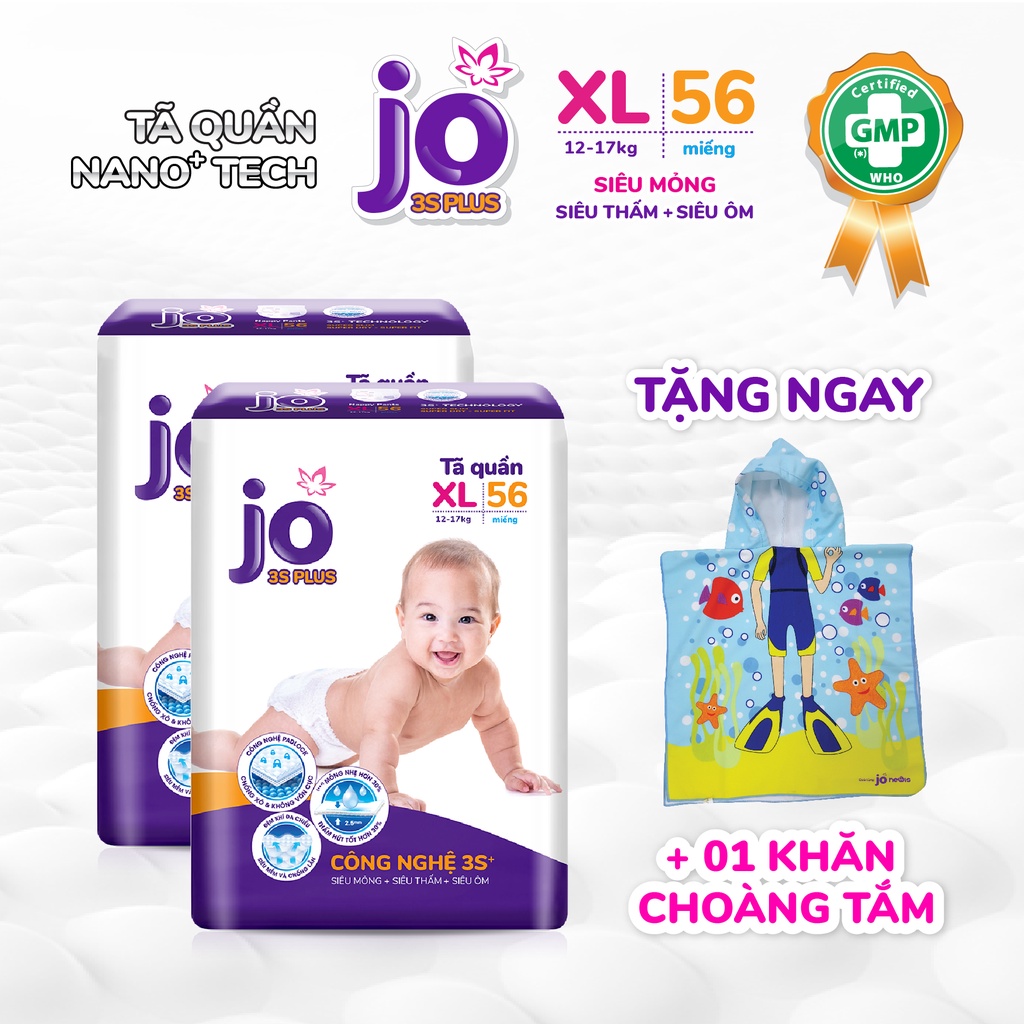 (Tặng khăn choàng tắm cho bé) Combo 2 gói Tã quần Jo 3S Plus M72/L60/XL56/XXL48