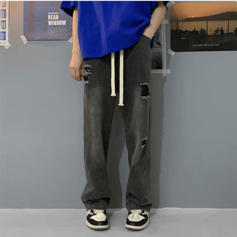 Quần Jean Dài Oversize Chống Mài Mòn Thêu Họa Tiết Thời Trang Phong Cách Hàn Quốc Cho Nam Size S-3XL