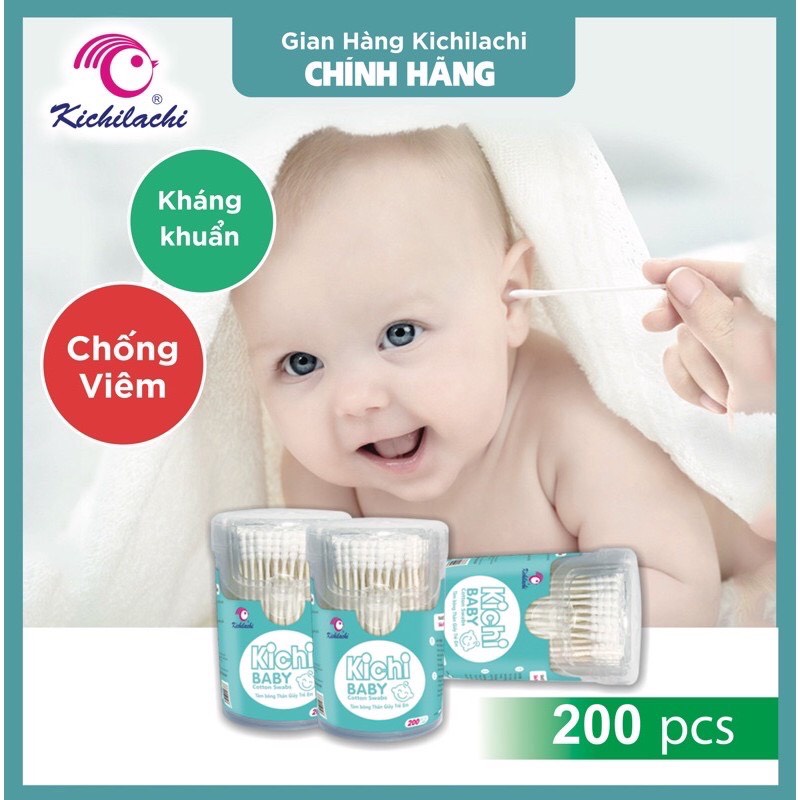 Tăm bông sơ sinh Kichilachi thân giấy, bông ngoáy tai trẻ em hộp 200 que
