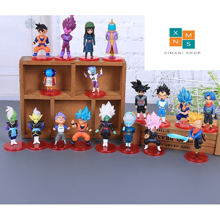 Bộ 18 Mô hình Dragon Ball Chibi Nhân Vật Goku Gohan Trunks Vegeta Zamasu Zeno Vegeto Mai Cao 9cm Anime -7 Viên Ngọc Rồng